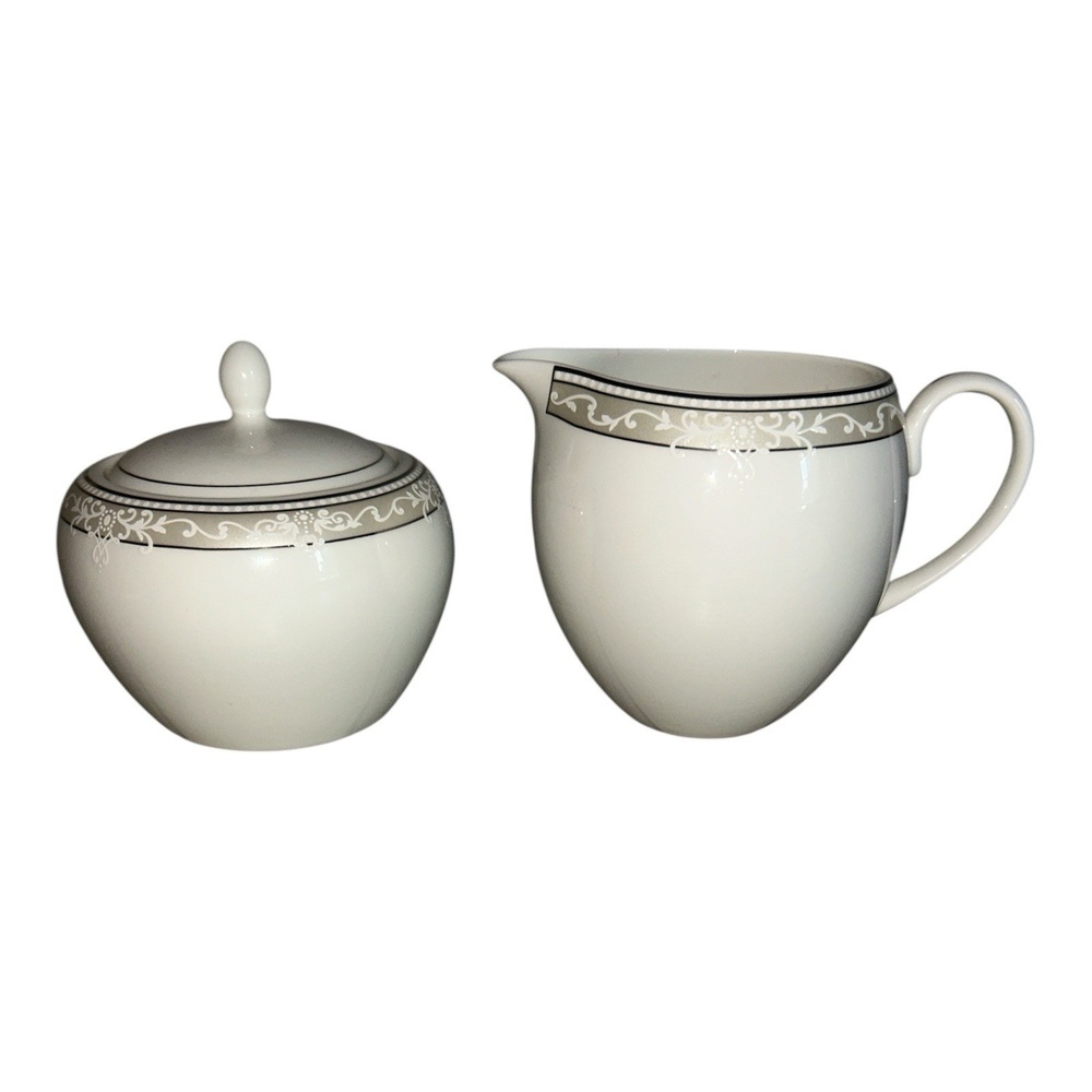 Biltmore For Your Home Fine China Creamer & Sugar‎ Bowl Set Silver Trim Elegant